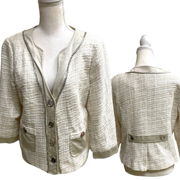 Katherine New York Jackets & Blazers - Katherine New York Cream Bouclé Blazer Jacket 3/4 Sleeve Contrast Trim